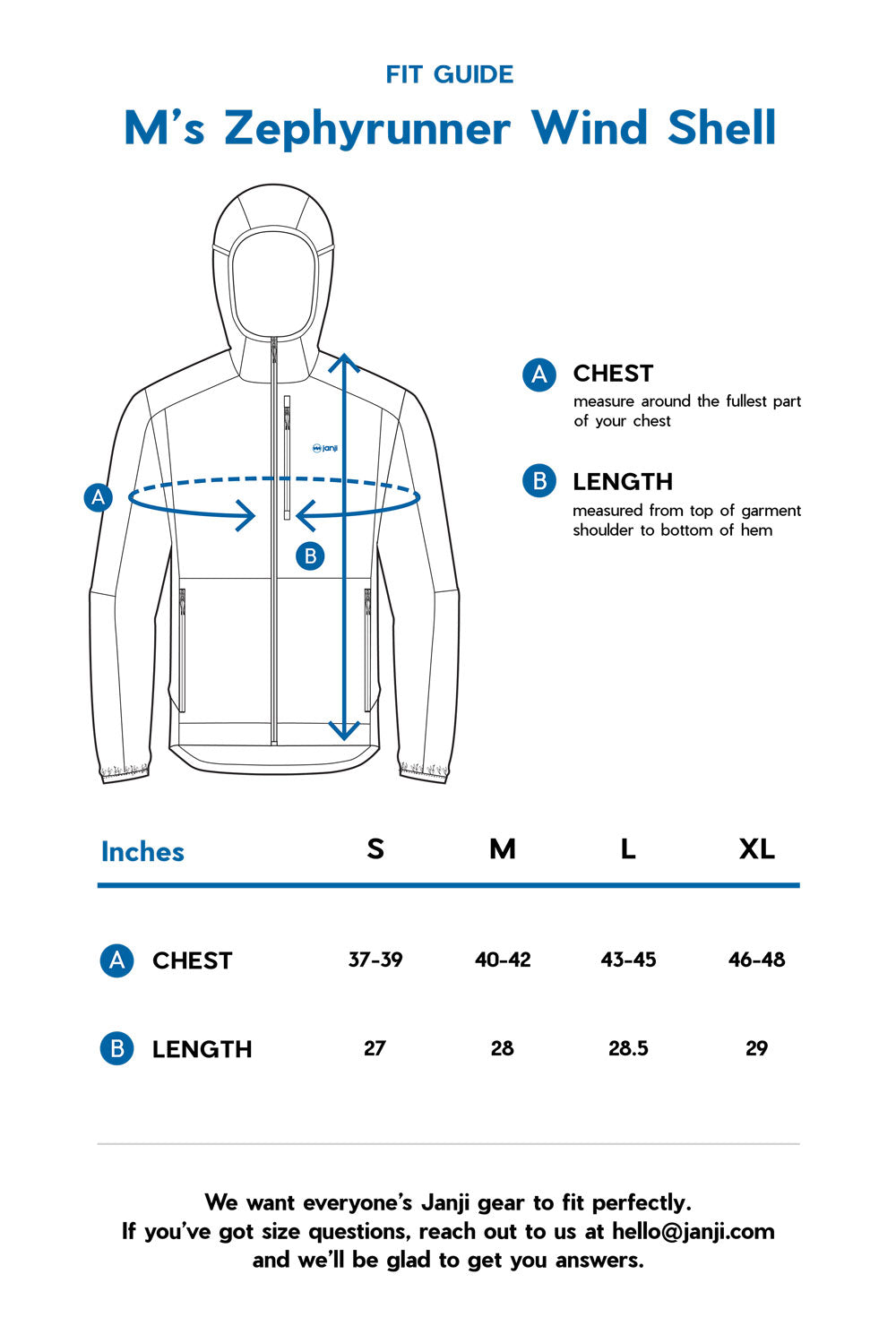 M's Zephyrunner Wind Shell size guide