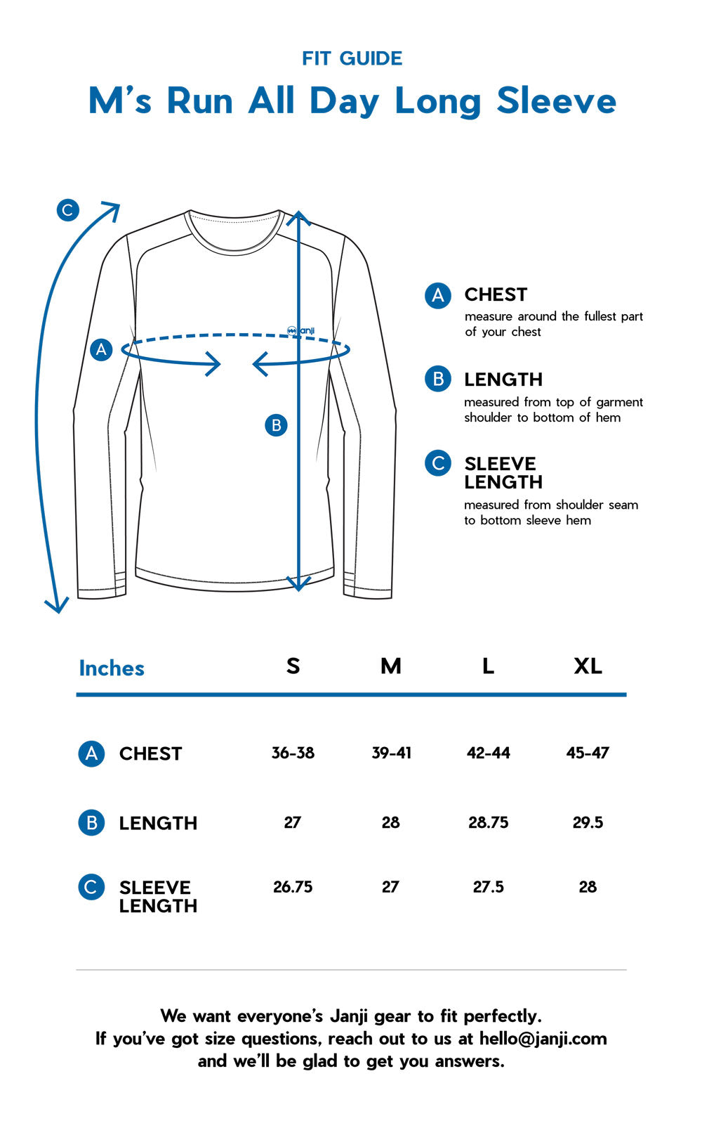 M's Run All Day Long Sleeve size guide