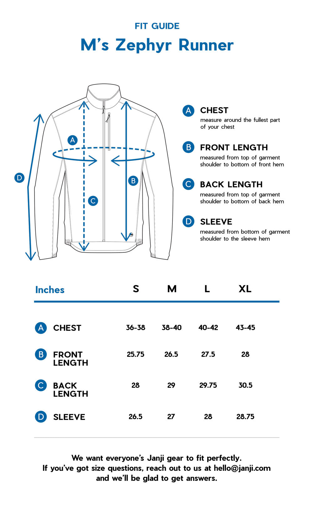 M's Zephyr Runner Jacket size guide